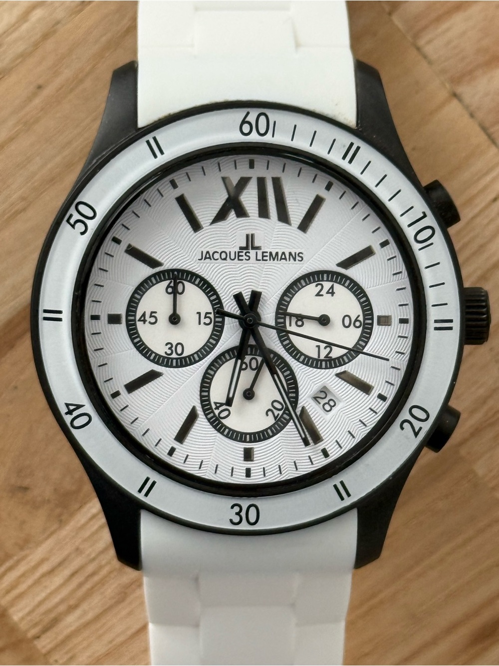 Jacques Lemans Rare Chronograph Men’s Watch Matte Black Case White Dial Strap